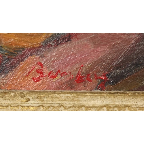 1034 - Abstract composition, still life, oil on canvas, bearing a signature Bomberg and inscription verso, ... 