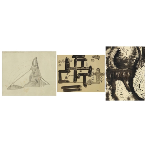 1293 - C Sato - Abstract compositions, three surreal ink drawings, two mounted, each framed, the largest 28... 