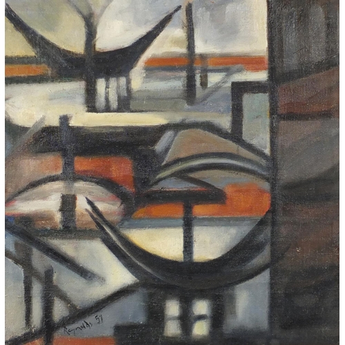 1243 - Abstract composition, harbour scene, oil on canvas, bearing a signature Reynolds, framed 35cm x 34.5... 