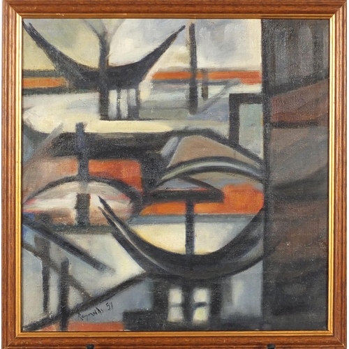 1243 - Abstract composition, harbour scene, oil on canvas, bearing a signature Reynolds, framed 35cm x 34.5... 