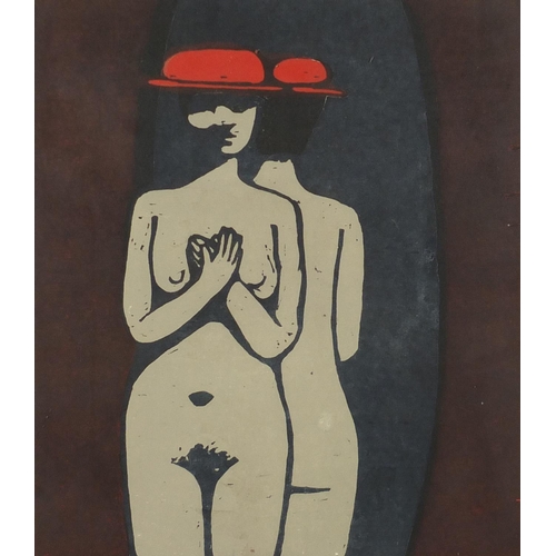 1296 - Standing nude female, screen print, bearing a signature L B, limited edition 10/50, framed, 65cm x 4... 