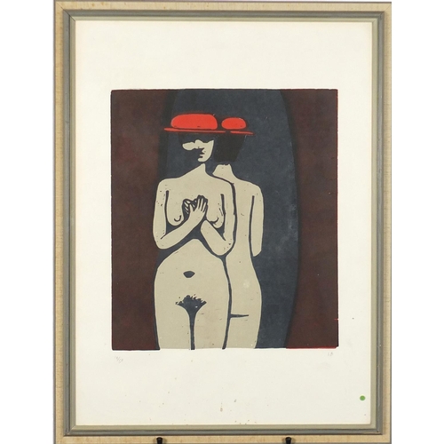 1296 - Standing nude female, screen print, bearing a signature L B, limited edition 10/50, framed, 65cm x 4... 