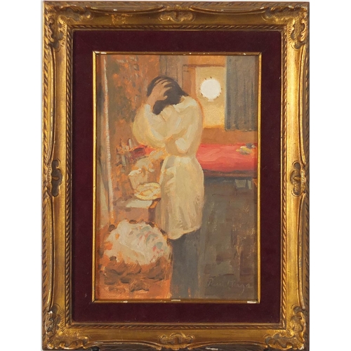 1263 - Female in a room, oil on board bearing an indistinct signature Paul Maga? mounted and framed, 29.5cm... 