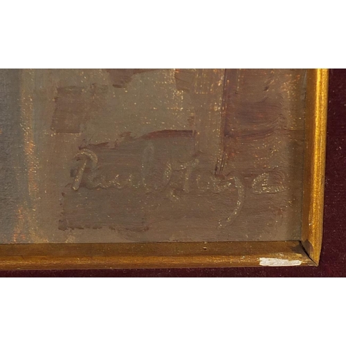 1263 - Female in a room, oil on board bearing an indistinct signature Paul Maga? mounted and framed, 29.5cm... 