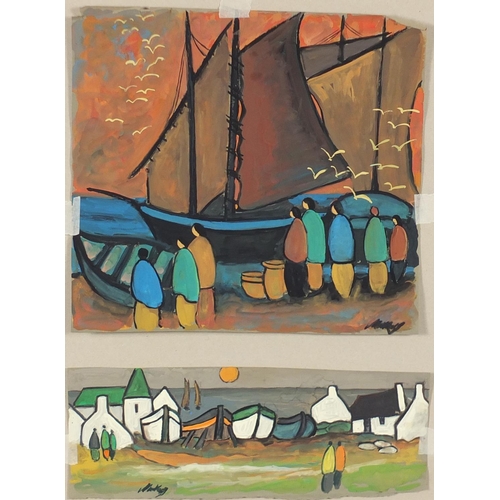 1282 - Figures before boats and water, two Irish school gouaches on paper, mounted unframed, each 36cm x 34... 