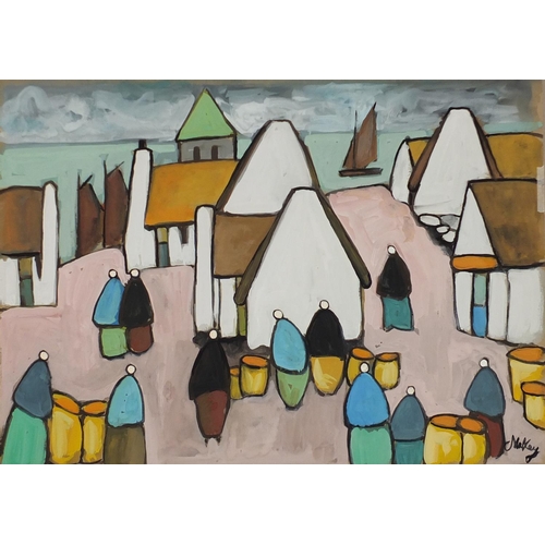 1280 - Figures in a town before a harbour, Irish school gouache on paper, bearing a signature Markey, mount... 