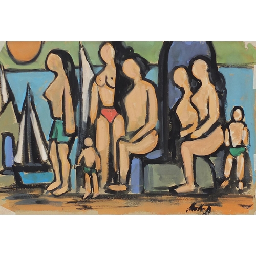 1279 - Nude figures before a harbour, Irish school gouache on paper, bearing a signature Markey, mounted un... 