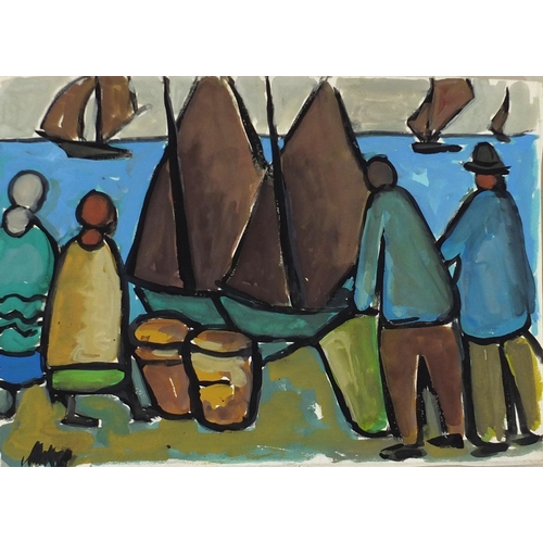 1276 - Figures before a harbour, Irish school gouache on paper, bearing a signature Markey, mounted unframe... 