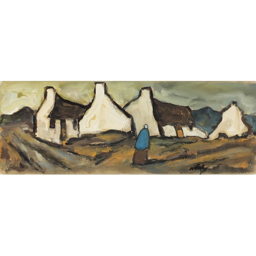1281 - Figures before cottages, two Irish school gouaches, mounted unframed, the largest 50.5cm x 20cm