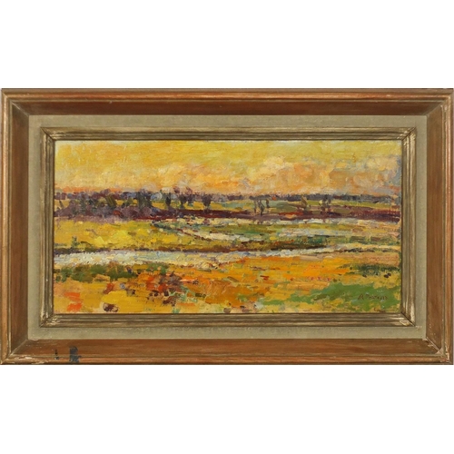 1289 - River landscape, impressionist oil on canvas, bearing an indistinct signature possibly A Pedtella, m... 