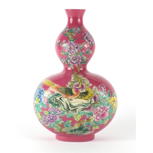 380 - Chinese pink ground porcelain double gourd vase, hand painted in the famille rose palette with birds... 