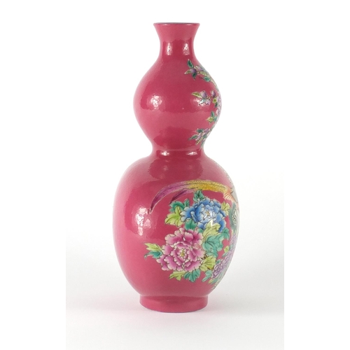 380 - Chinese pink ground porcelain double gourd vase, hand painted in the famille rose palette with birds... 