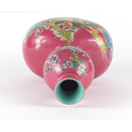 380 - Chinese pink ground porcelain double gourd vase, hand painted in the famille rose palette with birds... 