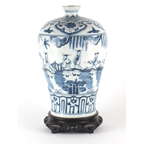 347 - Chinese blue and white Meiping vase raised on carved hardwood stand, the vase hand painted with figu... 