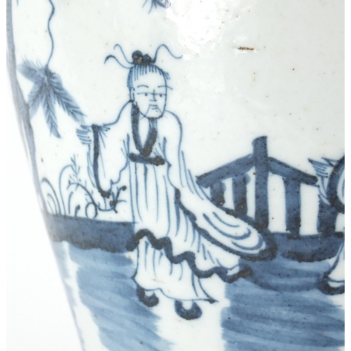 347 - Chinese blue and white Meiping vase raised on carved hardwood stand, the vase hand painted with figu... 
