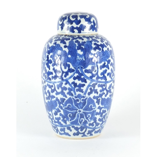 349 - Chinese blue and white porcelain jar and cover, hand painted with flowers and foliage, blue ring mar... 