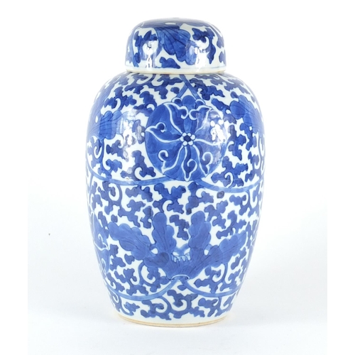 349 - Chinese blue and white porcelain jar and cover, hand painted with flowers and foliage, blue ring mar... 