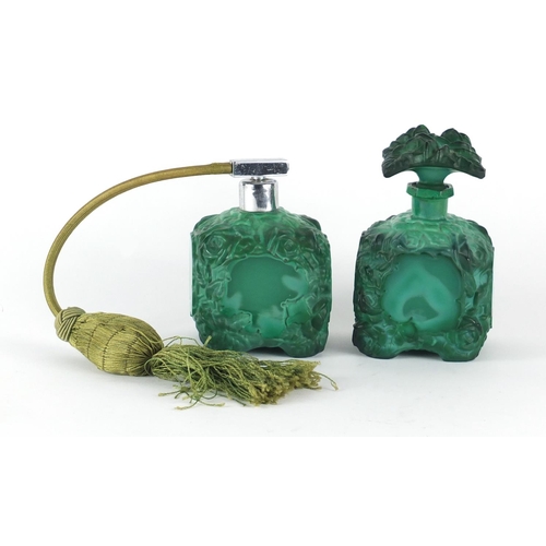 679 - Art Deco malachite glass atomiser and scent bottle, the largest 14cm high