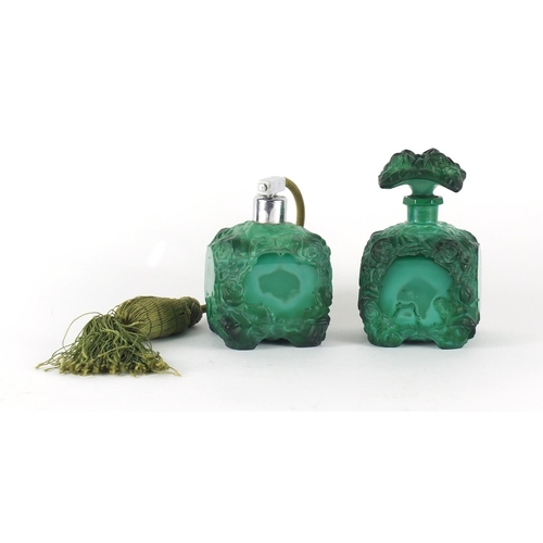 679 - Art Deco malachite glass atomiser and scent bottle, the largest 14cm high