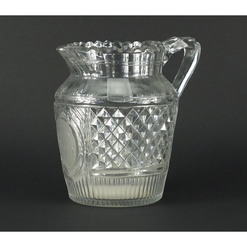 657 - Georgian cut glass jug etched with initials FB, 18.5cm high
