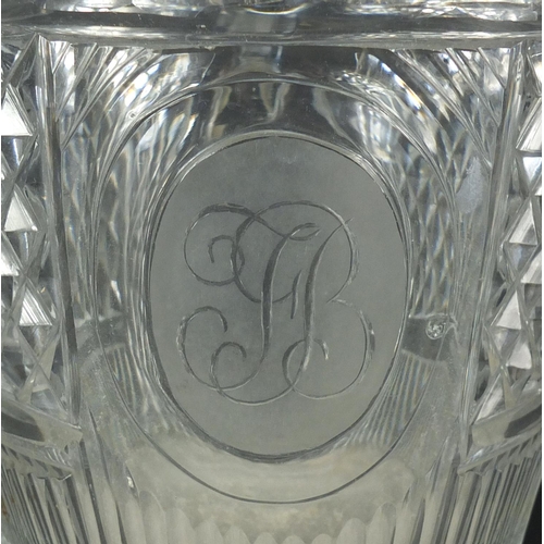 657 - Georgian cut glass jug etched with initials FB, 18.5cm high