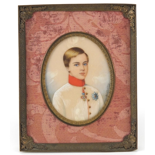 47 - Imperial Russian hand painted portrait miniature on ivory, depicting young Franz Joseph Emperor of A... 