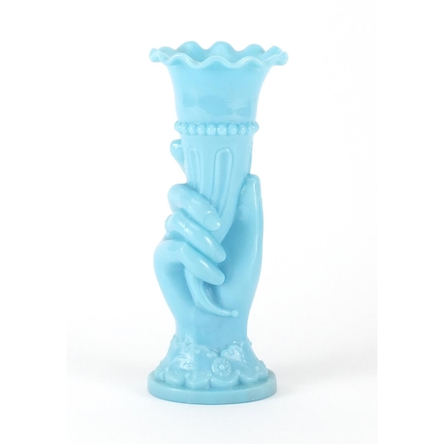 667 - Antique blue opaline glass vase in the form of a hand holding a cornucopia, 21.5cm high