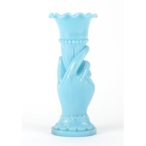667 - Antique blue opaline glass vase in the form of a hand holding a cornucopia, 21.5cm high