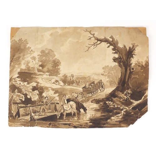 1052 - Attributed to Thomas Gainsborough - The Brook by The Way, 18th century wash on paper, inscribed vers... 