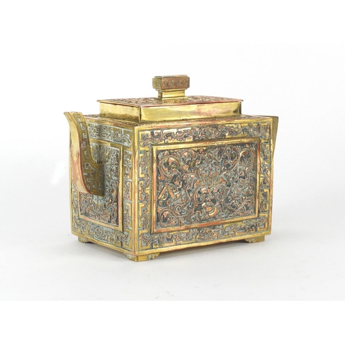 469 - Chinese copper and brass archaic style teapot with square body, 13cm high