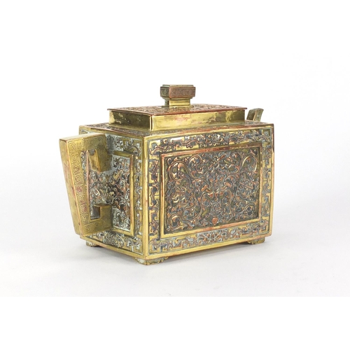 469 - Chinese copper and brass archaic style teapot with square body, 13cm high