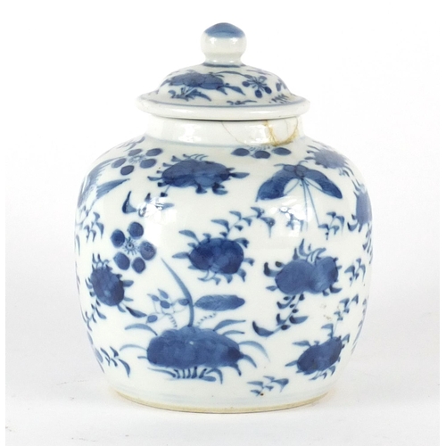 359 - Chinese blue and white jar and cover, hand painted with birds amongst flowers, four figure character... 