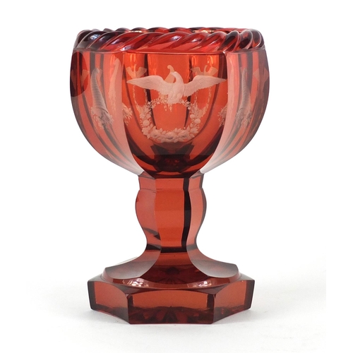 662 - Good quality 19th century bohemian faceted ruby cut table goblet, etched with eagle, floral garlands... 