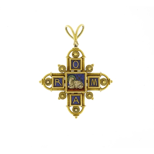 834 - Very fine Italian unmarked gold micro mosaic cross pendant brooch, the central panel with a sheep an... 