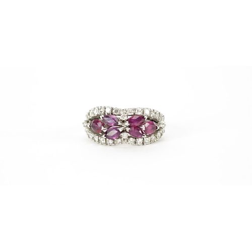 848 - 18ct white gold ruby and diamond ring, size N, 5.2g