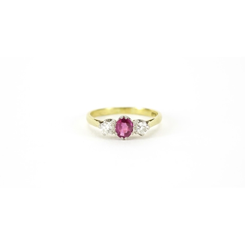 868 - 18ct gold ruby and diamond ring, size L, 2.0g