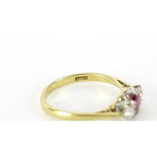 868 - 18ct gold ruby and diamond ring, size L, 2.0g