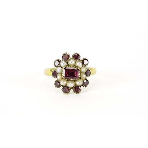 871 - *Description amended 03-09-19* Georgian gold garnet and seed pearl ring, markers mark J B, size L, 2... 