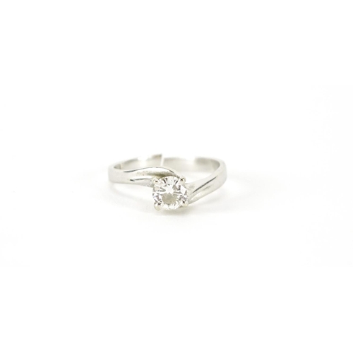 858 - Unmarked white gold diamond solitaire ring, size J, 2.4g