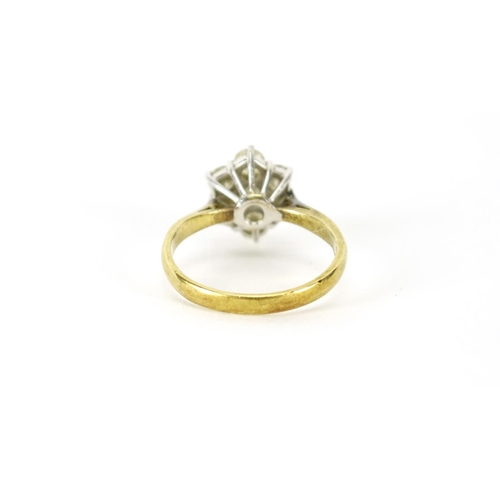 839 - 18ct gold diamond seven stone flower head ring, size M, 3.8g