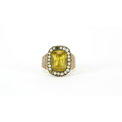 878 - Georgian unmarked gold citrine and seed pearl ring, size O, 3.5g
