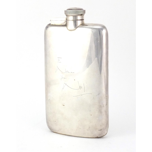 743 - Large silver hip flask engraved with a facsimile Noel Cowards autograph, by James Dickson & Sons Ltd... 