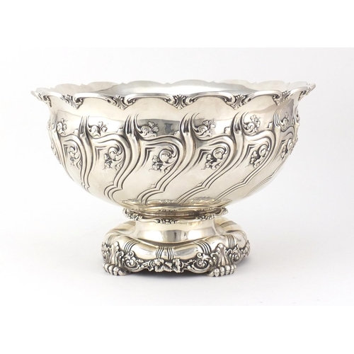 748 - Tiffany & Co sterling silver eight pint fruit bowl embossed with stylised flowers and grapevines, nu... 