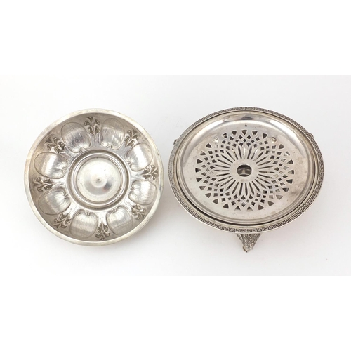 741 - Tiffany & Co silver muffin dish and cover, with three ram head legs and embossed with stylised flowe... 