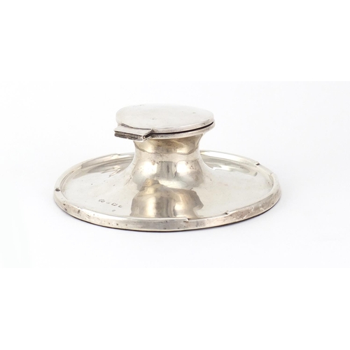 758 - Circular silver Capstan inkwell by Elkington & Co, Birmingham 1919, 15.5cm in diameter, 598.0g