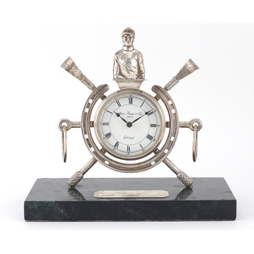 764 - Silver horse riding trophy clock, raised on a green marble base with presentation plaque egraved She... 