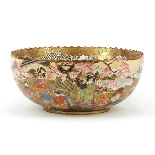 451 - Japanese Satsuma pottery bowl hand painted with figures, immortals and dragons, six figure character... 