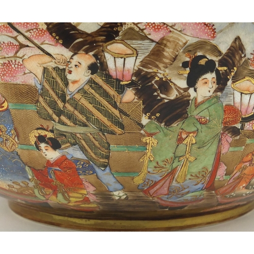 451 - Japanese Satsuma pottery bowl hand painted with figures, immortals and dragons, six figure character... 