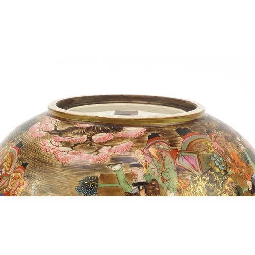 451 - Japanese Satsuma pottery bowl hand painted with figures, immortals and dragons, six figure character... 