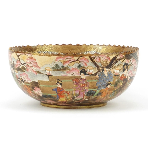 451 - Japanese Satsuma pottery bowl hand painted with figures, immortals and dragons, six figure character... 